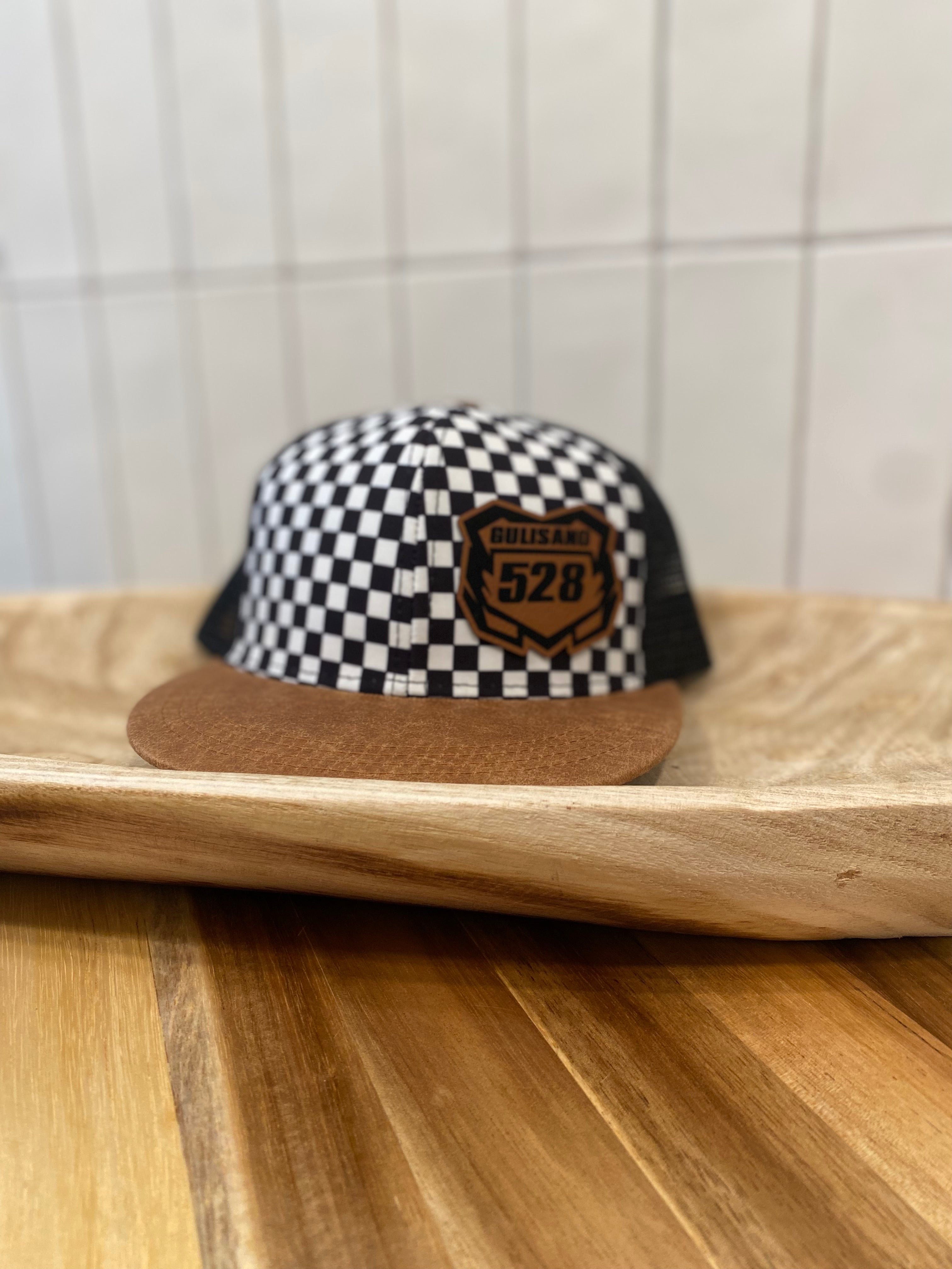 Youth Black/White Checkered Hat with Faux Leather Brim
