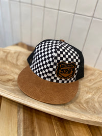 Youth Black/White Checkered Hat with Faux Leather Brim