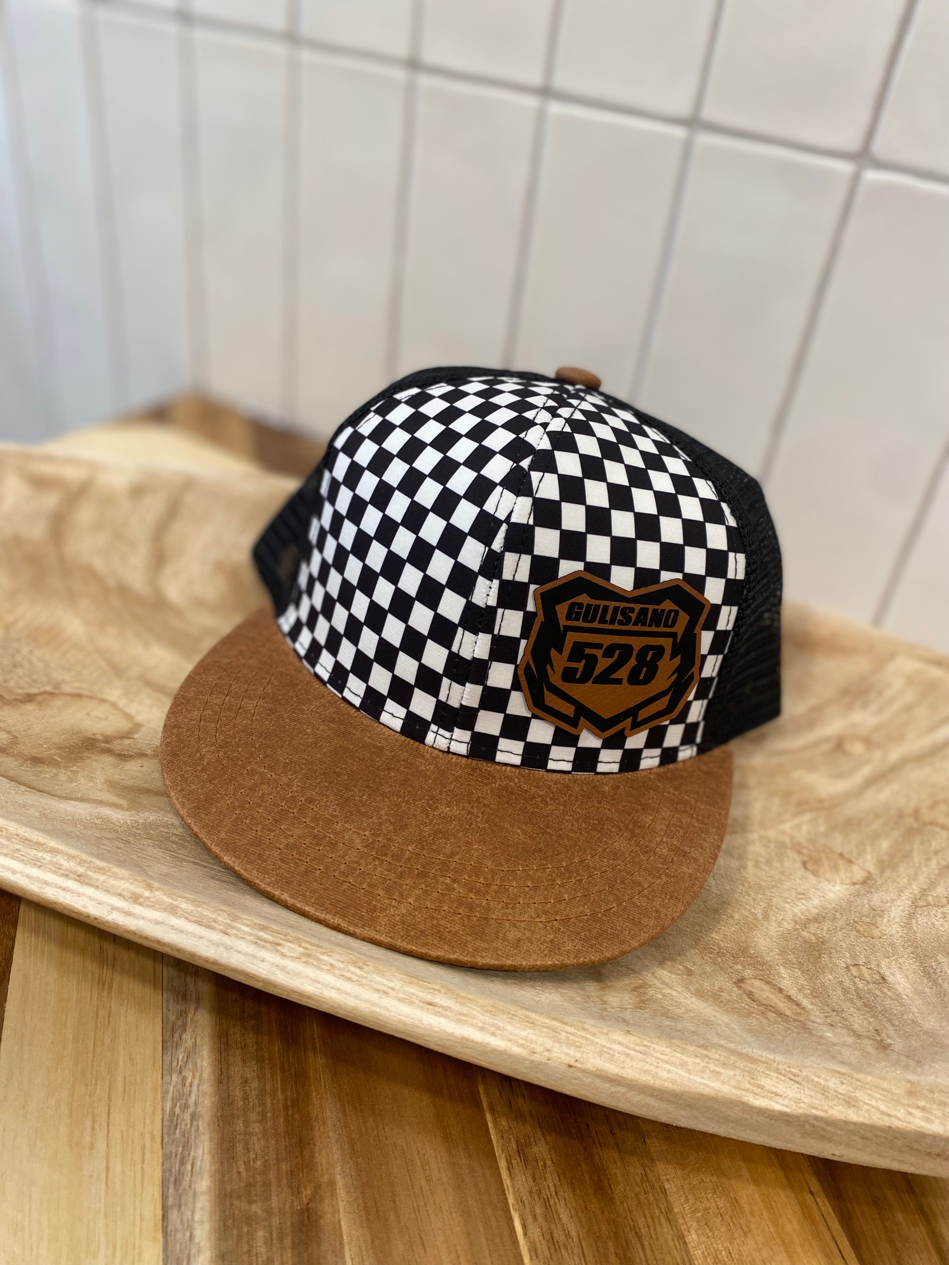 Youth Black/White Checkered Hat with Faux Leather Brim