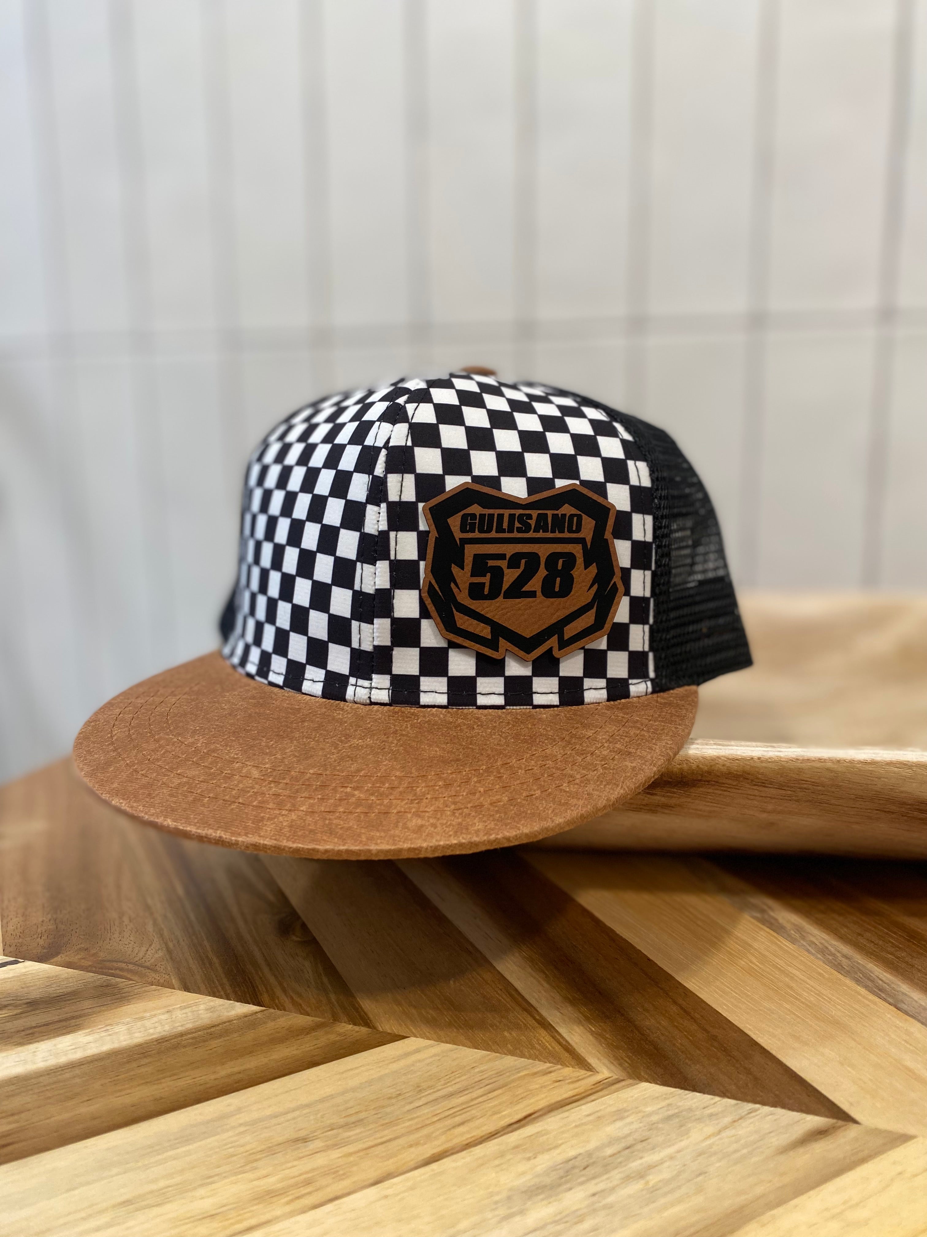 Youth Black/White Checkered Hat with Faux Leather Brim