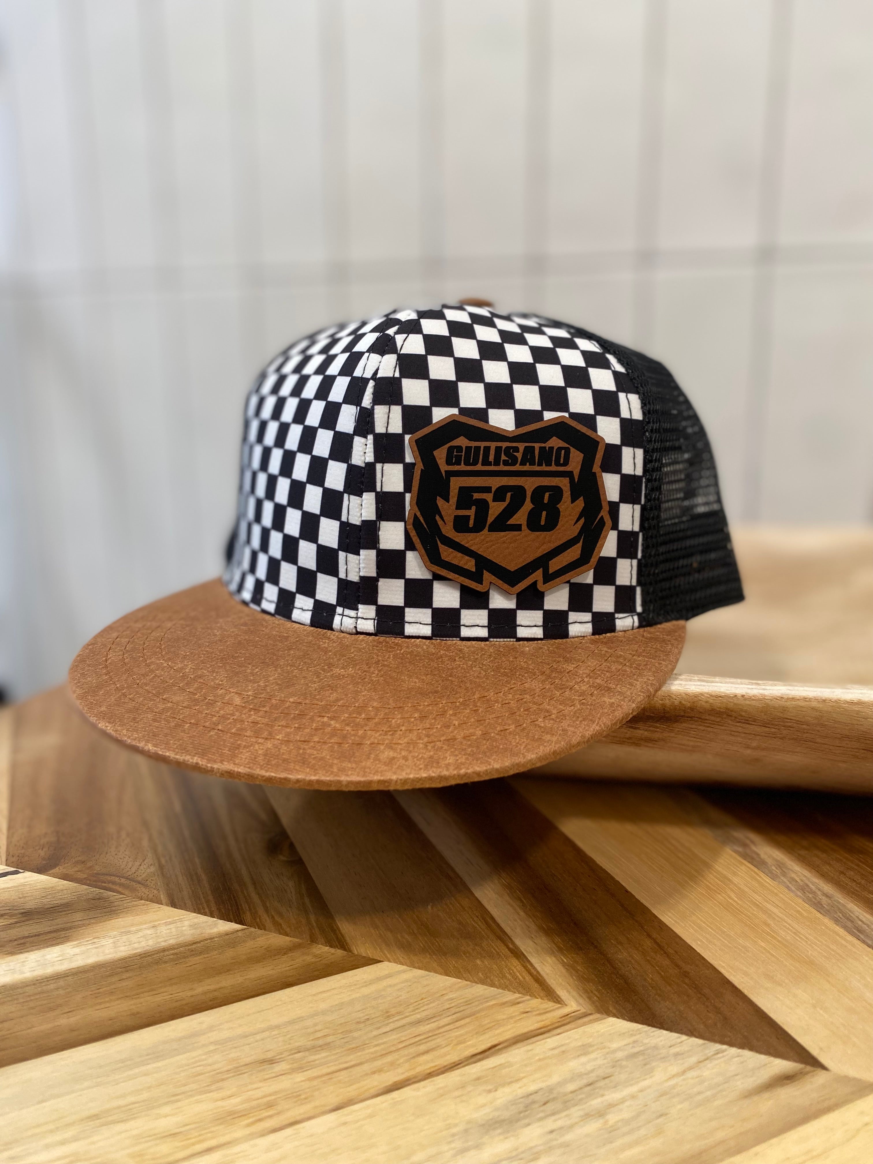 Youth Black/White Checkered Hat with Faux Leather Brim