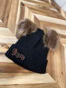 Infant/Toddler Black Ribbed Winter Hat with Two Poms