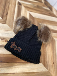 Infant/Toddler Black Ribbed Winter Hat with Two Poms