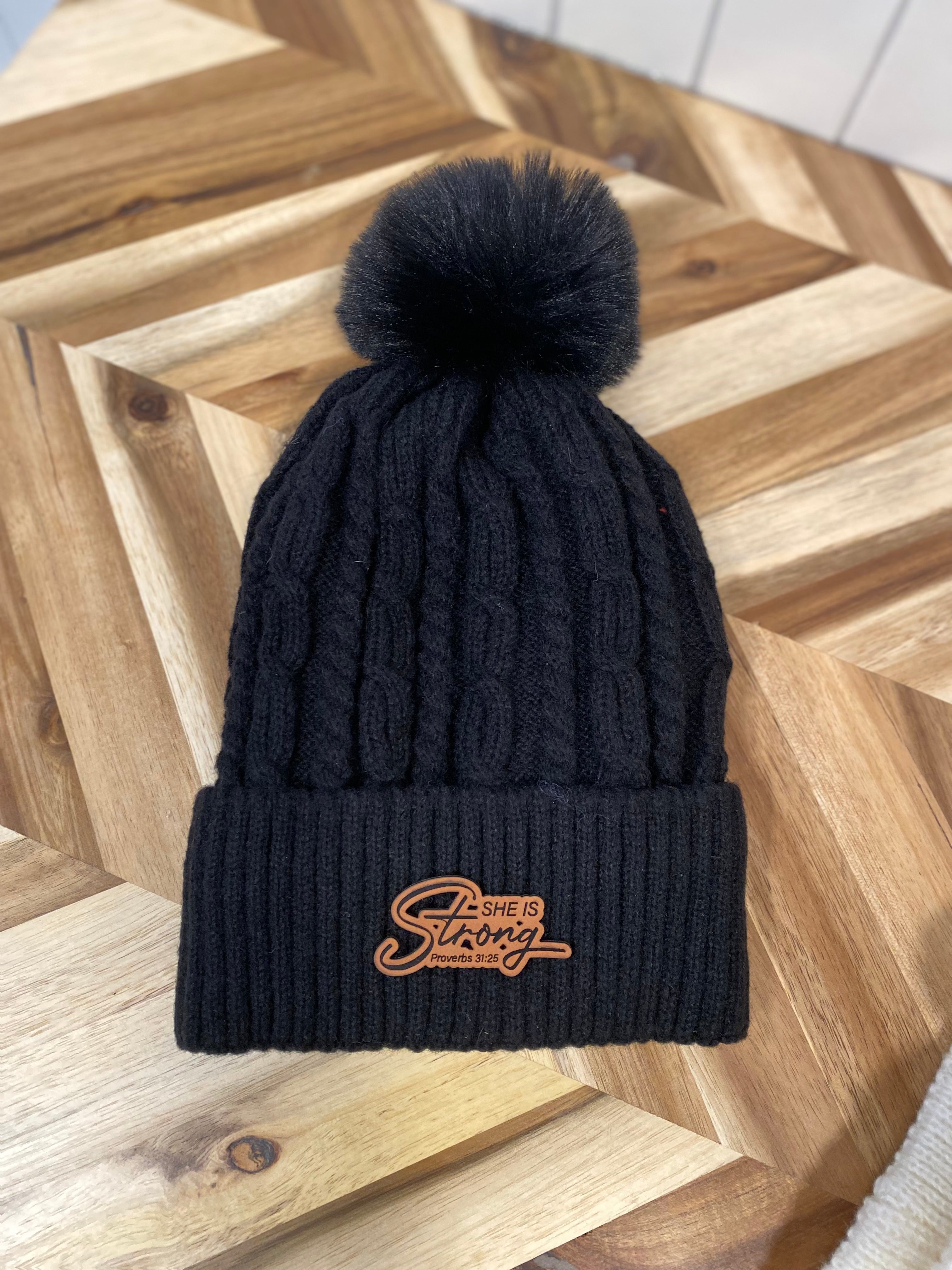 She Is Strong Proverbs 31:25 Winter Hat with Pom