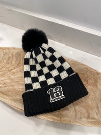 Motocross Black/White Checkered Winter Hat with Pom