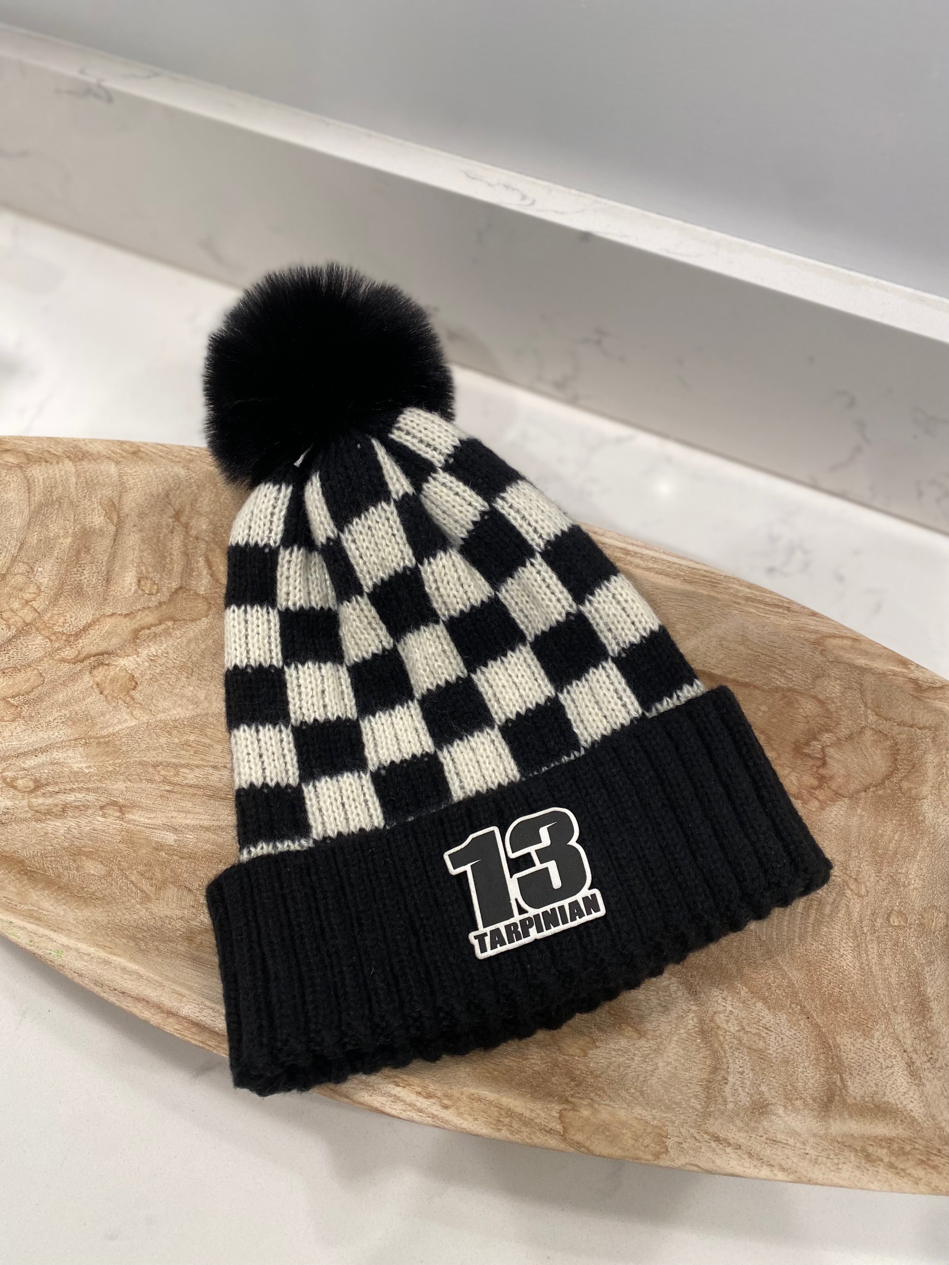 Motocross Black/White Checkered Winter Hat with Pom