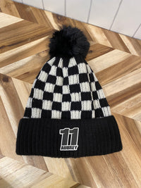 Motocross Black/White Checkered Winter Hat with Pom