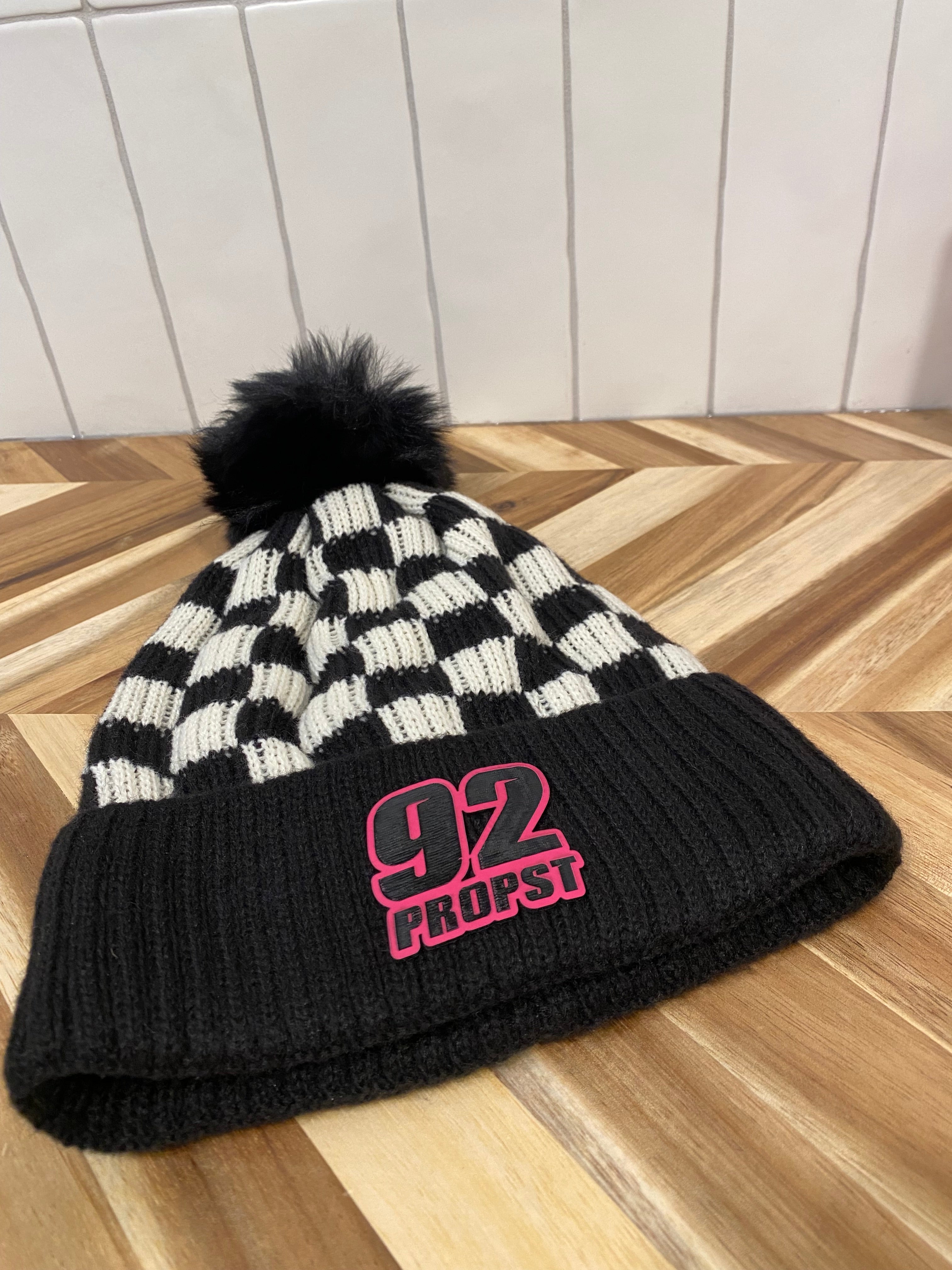 Motocross Black/White Checkered Winter Hat with Pom