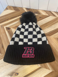Motocross Black/White Checkered Winter Hat with Pom