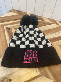 Motocross Black/White Checkered Winter Hat with Pom