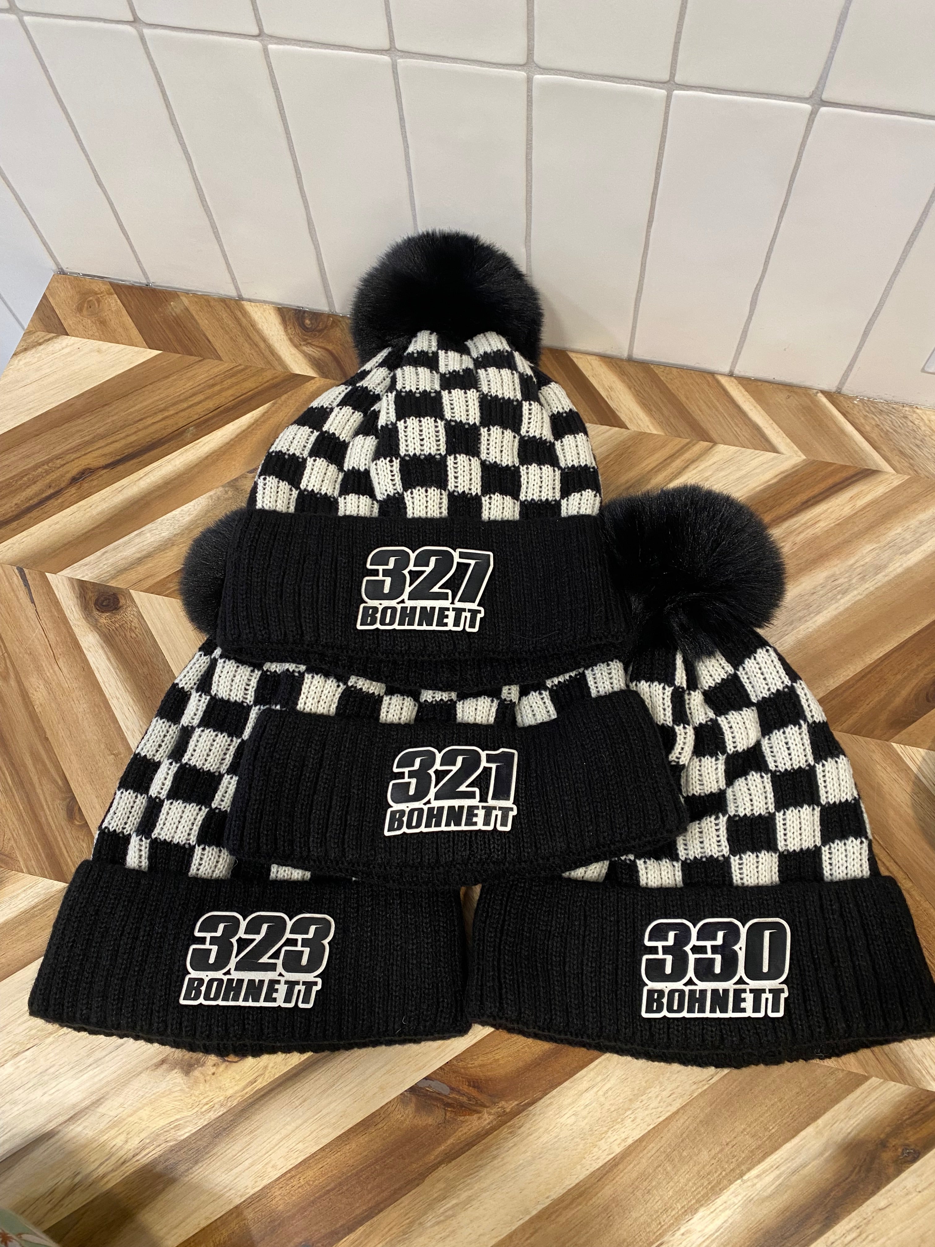 Motocross Black/White Checkered Winter Hat with Pom