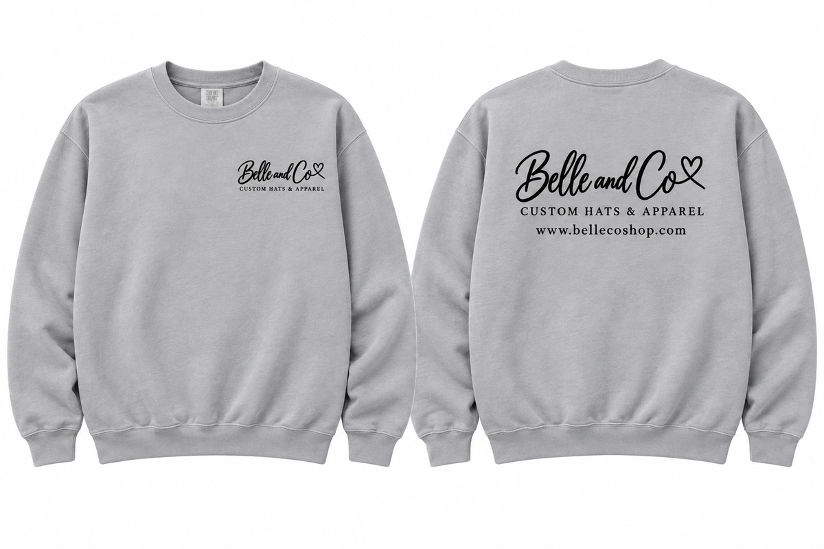 Belle and Co Signature Logo gray crewneck, front and back