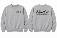 Belle and Co Signature Logo gray crewneck, front and back