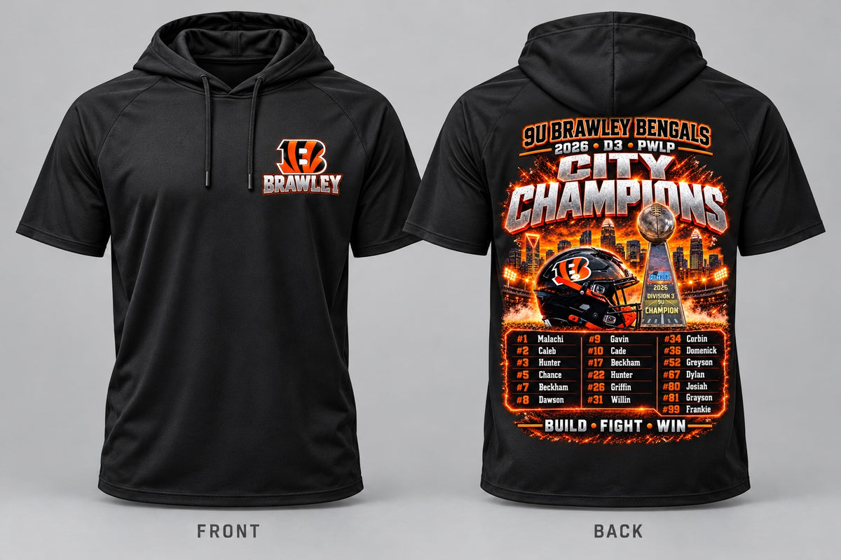 Small chest logo and City Champions back on black short sleeve hooded shirt