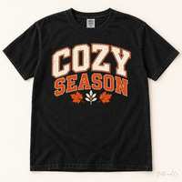 Cozy Season Comfort Colors T-Shirt in Black — digital mockup