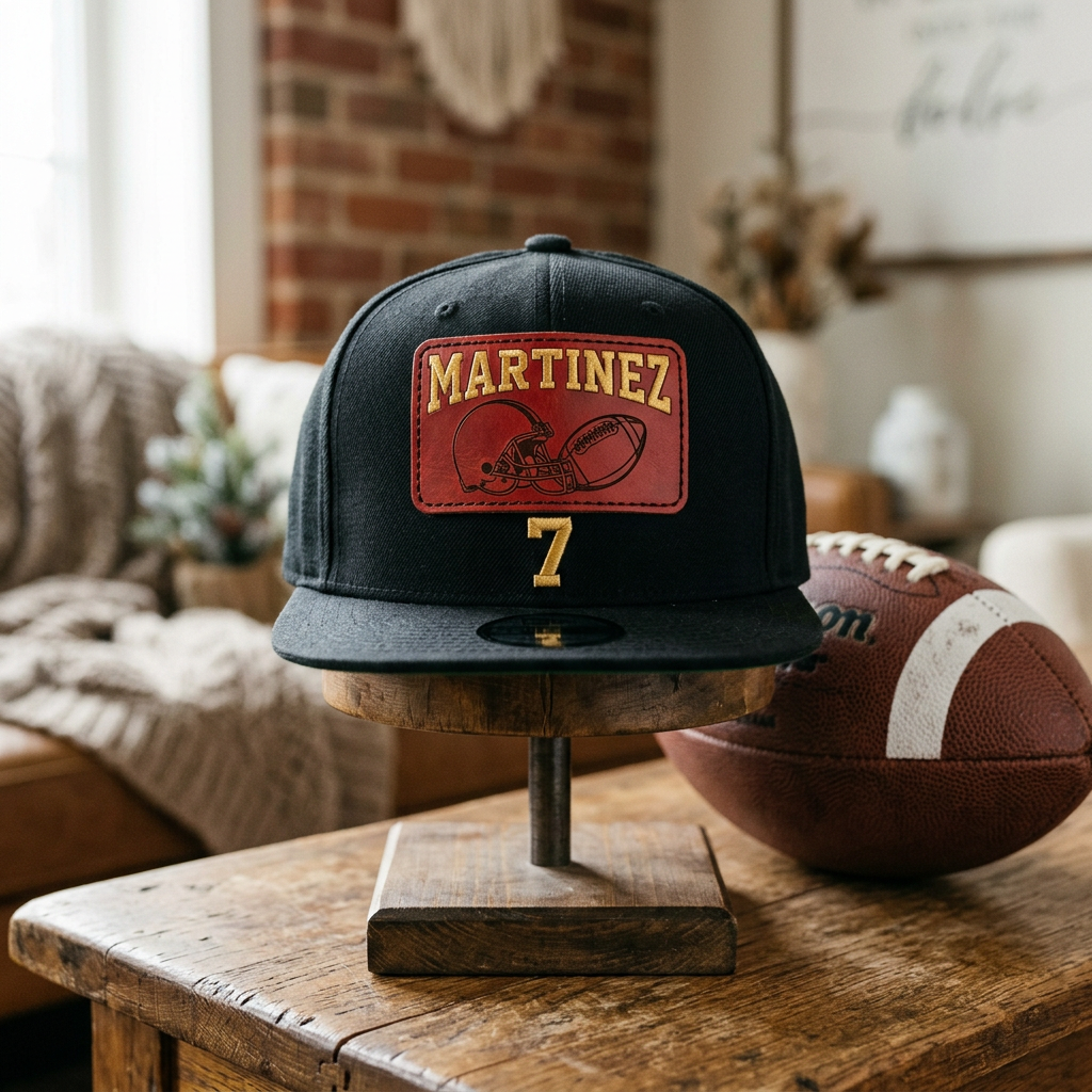 Example of a completed custom football hat: black flat bill snapback with a red leather patch, football helmet design, and gold-embroidered name MARTINEZ and number 7