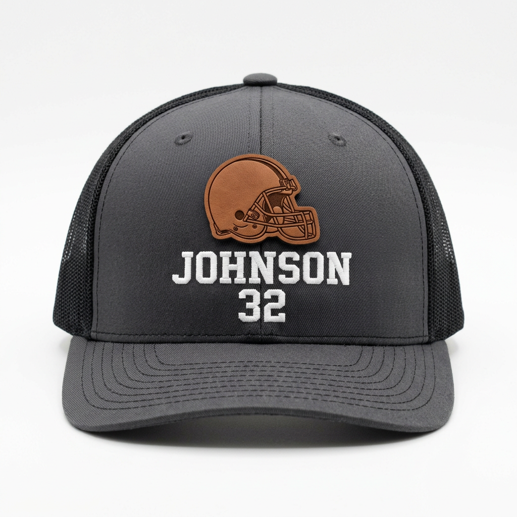 Front view of a custom Richardson 112 charcoal gray snapback hat with a leather patch displaying a football helmet design and personalized name and number in white embroidery