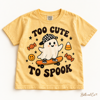Too Cute to Spook Youth Comfort Colors Halloween tee — digital mockup